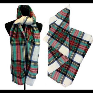 RED green black yellow ivory plaid check soft fall winter blanket scarf